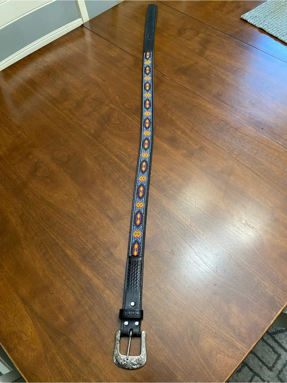Men’s Beaded Blue/Red Western Southwestern Aztec Leather Belt - 40